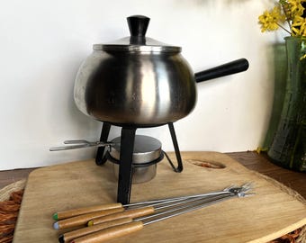 Vintage Stainless Fondue Pot Set 5 Forks, Mid Century Cookware, Fondue Party