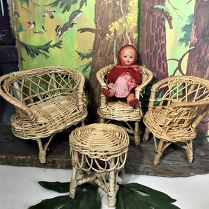 Vintage Wicker Doll Furniture Set, Wicker Couch, Wicker Chairs, Wicker Table, Doll Furniture