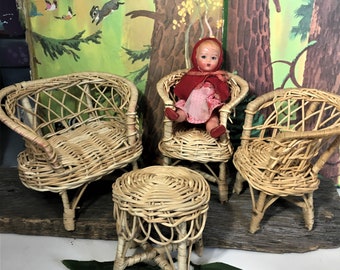 Vintage Wicker Doll Furniture Set, Dollhouse Furniture, Couch Chairs Table
