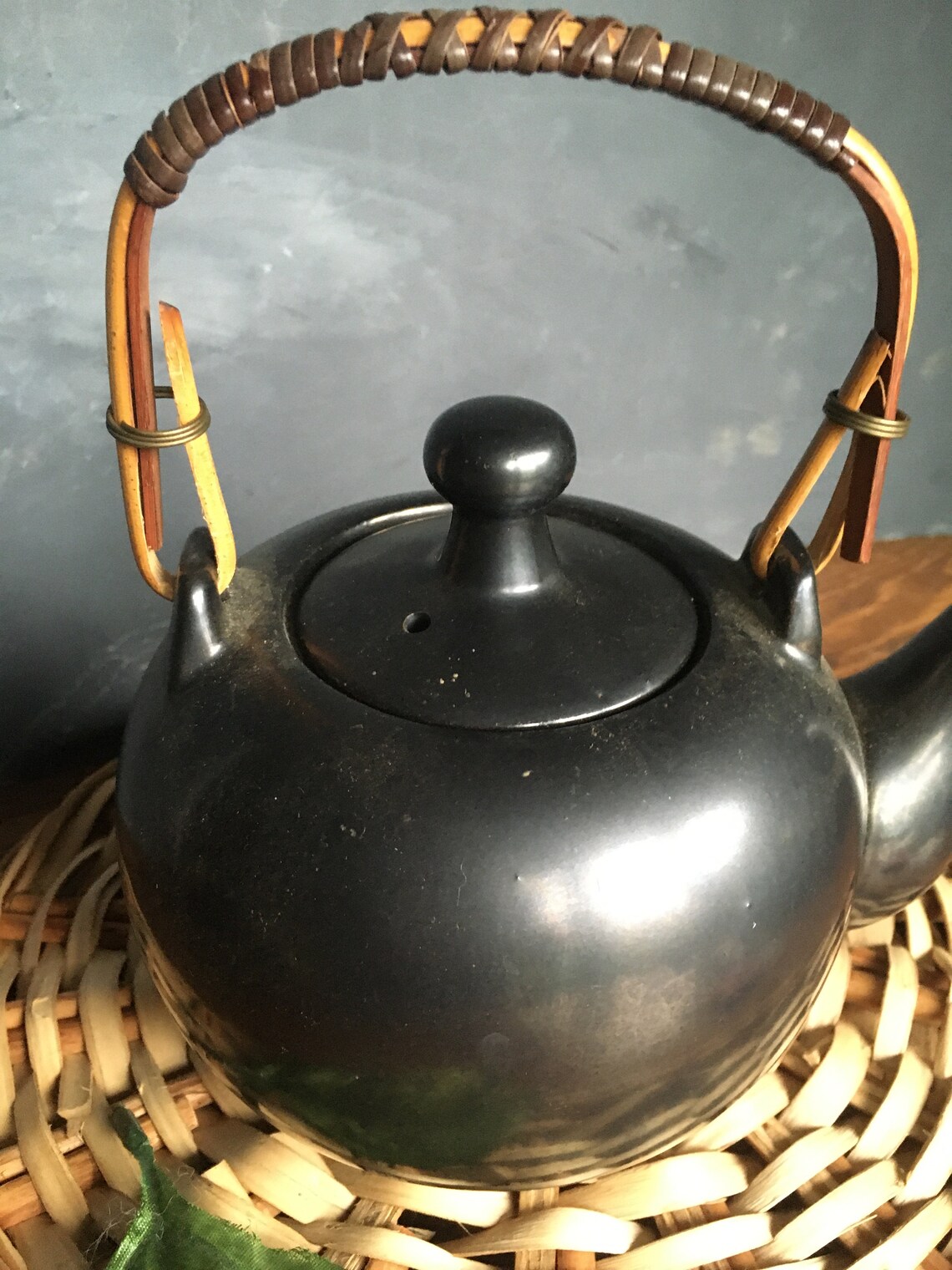 Vintage Ceramic Tea Pot Rattan Handle Black Stoneware Etsy