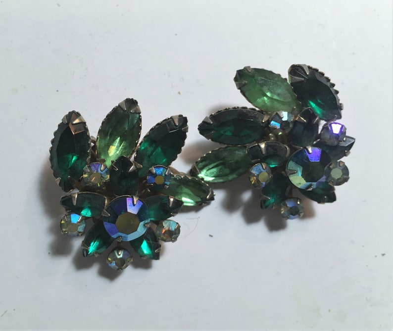 1950/'s Vintage Green Rhinestone Earrings Blue Green Rhinestone Earrings Costume Jewelry Vintage Clip Earrings
