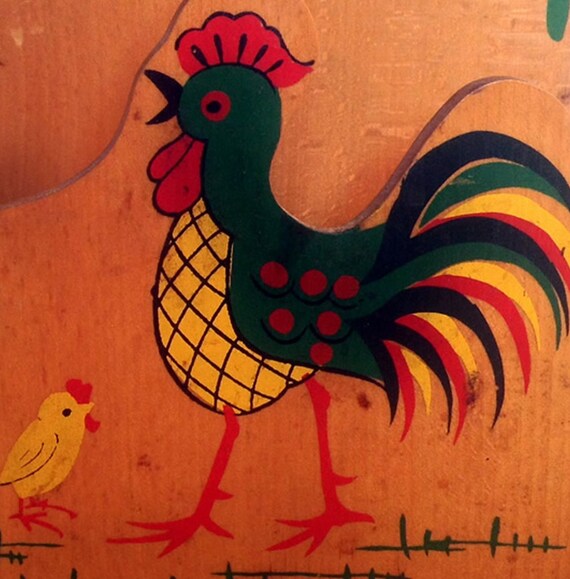 Wooden Rooster Napkin Holder Hand Painted Red Green Yellow Vintage