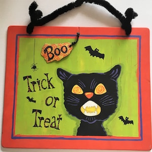 Vintage Style Halloween Black Cat Painting, Artist Signed, Halloween Wall Decor
