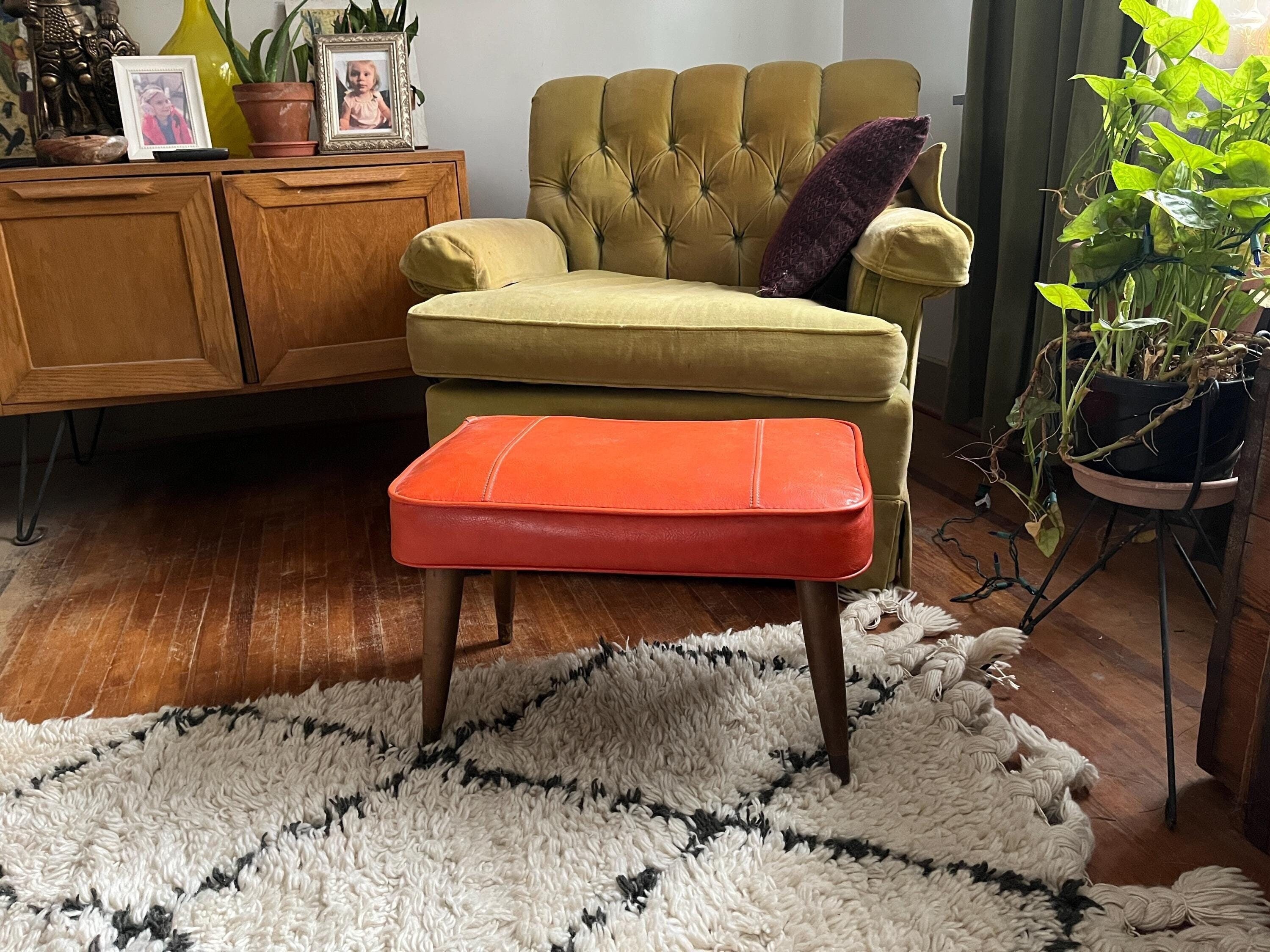 Mid Century Vinyl Foot Stool, Danish Modern Ottoman, Wood and