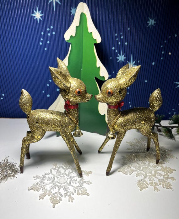 Mid Century Christmas Gold Glitter Deer Reindeer, Pair of Two 