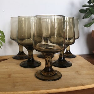 Vintage MCM Smoke Brown Goblets Glasses, Vintage Stemware, Brown Goblets, Mid Century Barware, Wedding Toast Glasses, Set of 6