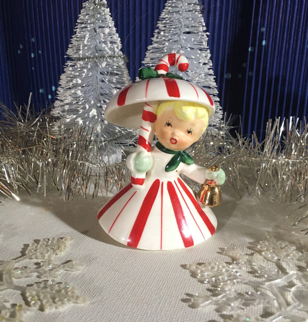 Vintage Napco Christmas Candy Cane Umbrella Girl Bell With Etsy