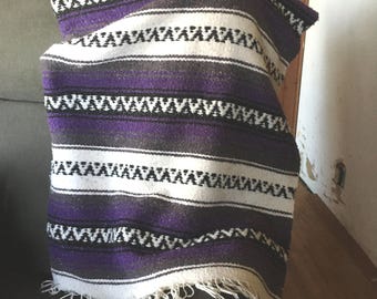 Vintage Mexican Serape Blanket, Blue Black White, Woven Throw Mexico, Boho