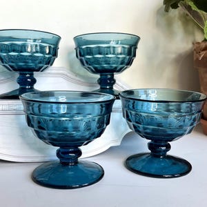 Vintage Mid Century Riviera Blue Cubist Footed Champagne Coupes Sherbet Dessert Glasses, Indiana Glass Whitehall Cubist 1960s, Set of 4