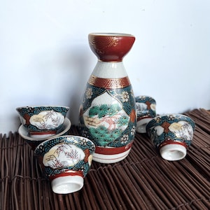 Antique Vintage Japanese Saki Set, Kutani Ware, Kutani Sake Set