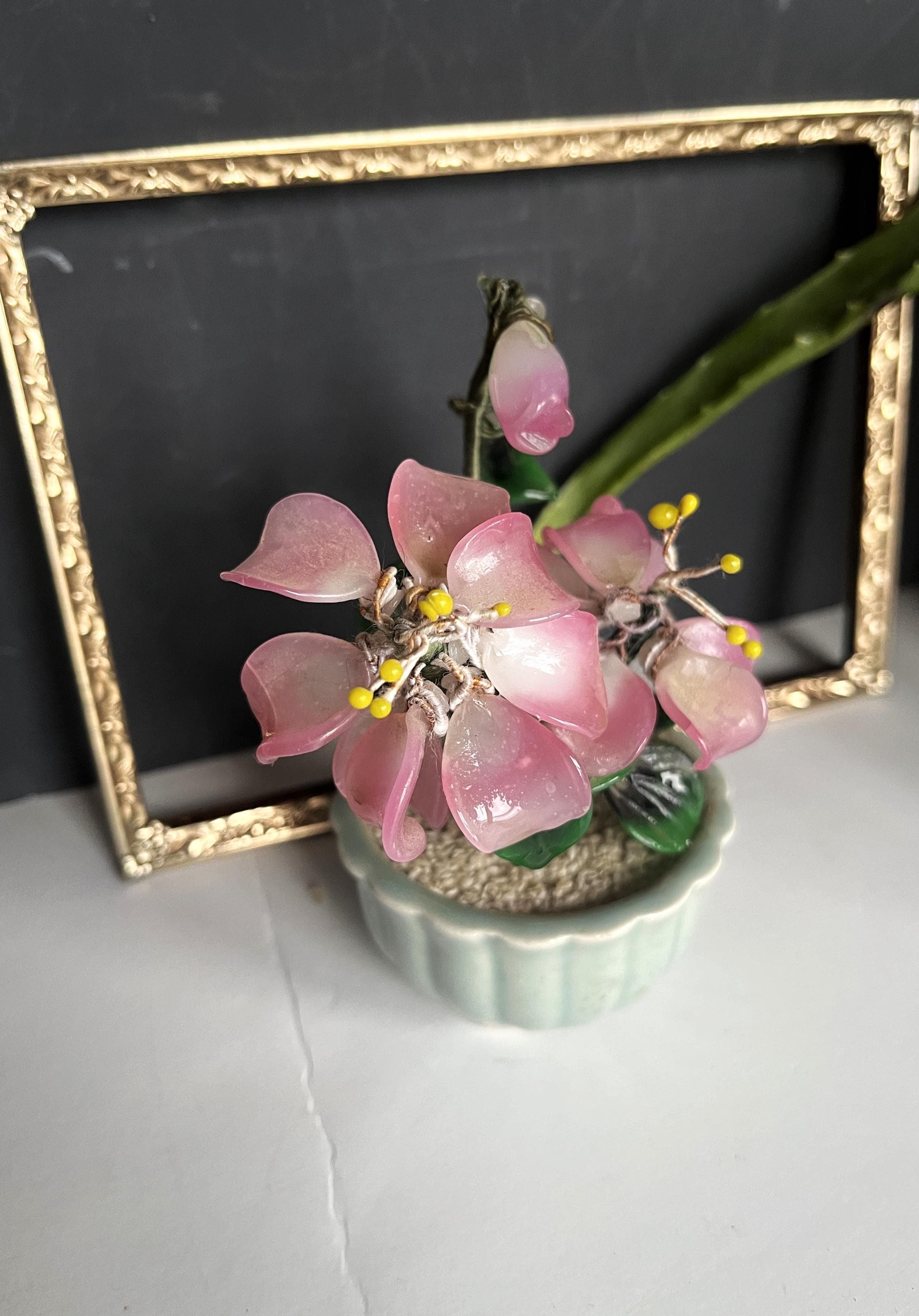 Hsi Chen♧ガラスオブジェ　アイボリー3個＆ピンク 3個♧インテリア Vintage Small Asian Jade Glass Bonsai Tree Cherry Blossom Flowers