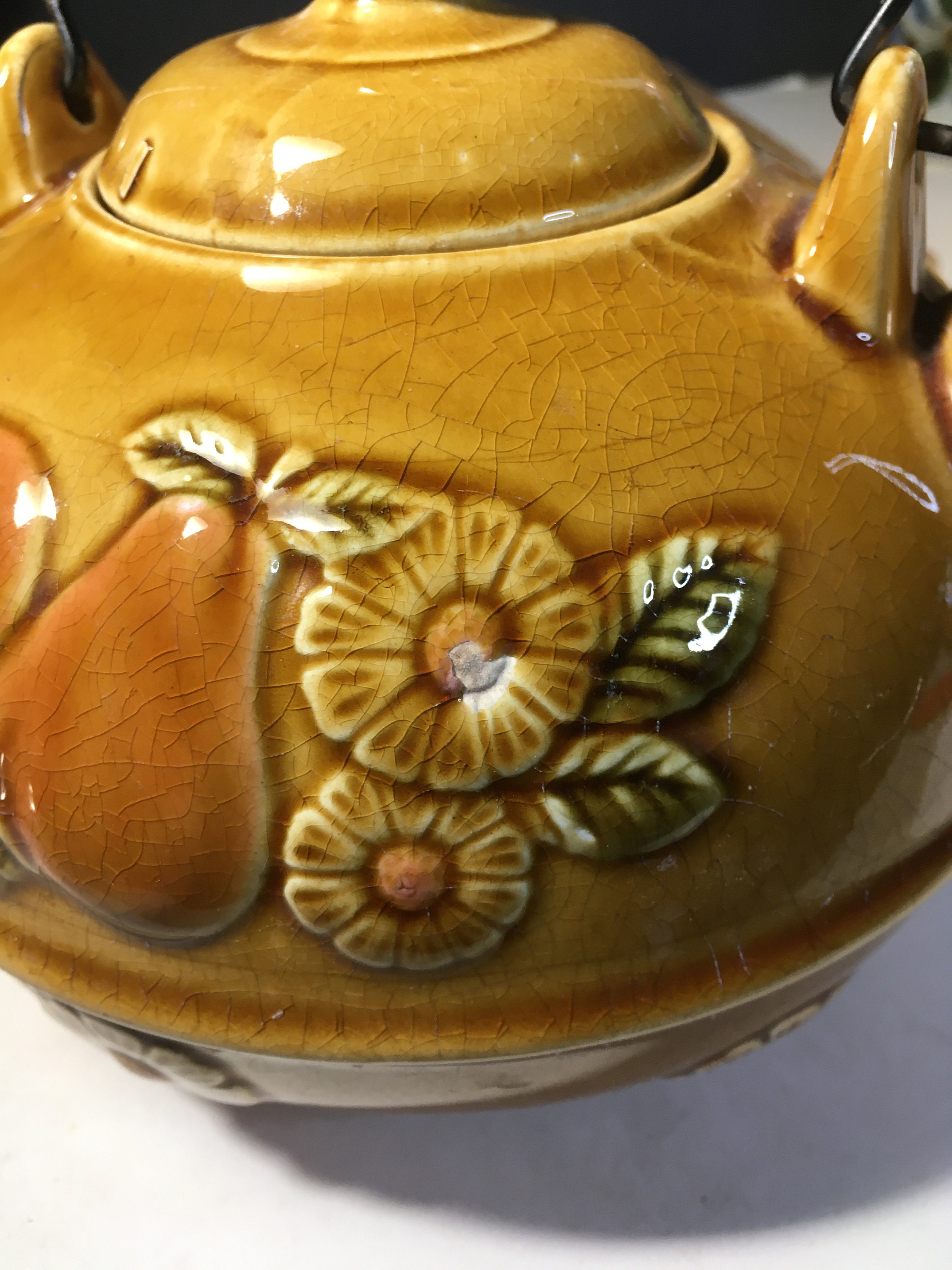 Vintage Ceramic Fruit and Flower Embossed Footed Teapot, Wire
