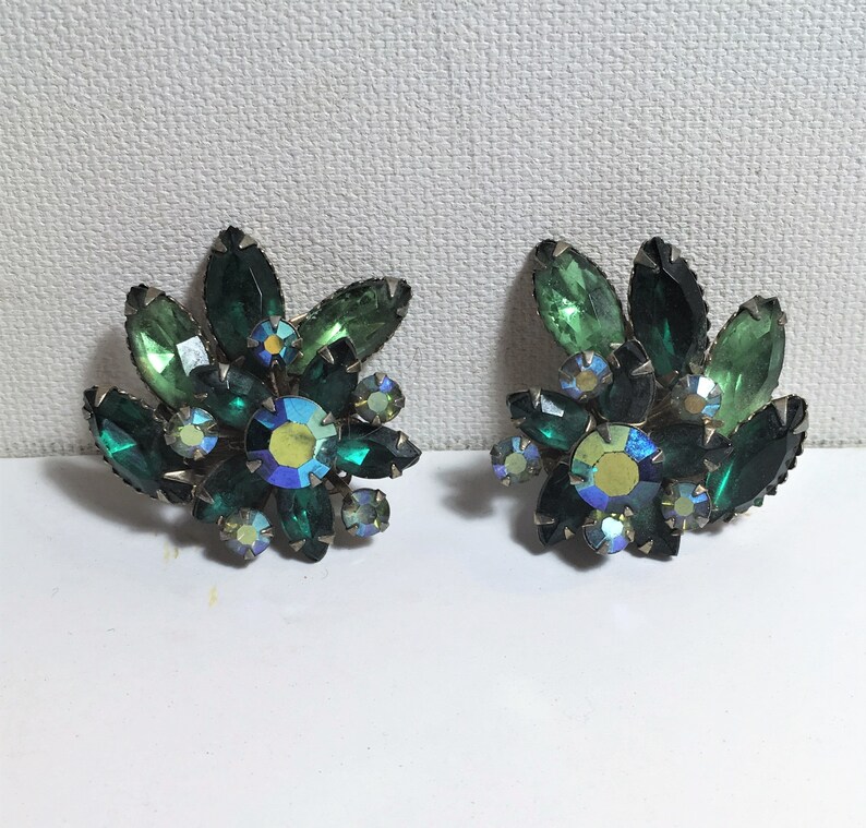 1950/'s Vintage Green Rhinestone Earrings Blue Green Rhinestone Earrings Costume Jewelry Vintage Clip Earrings