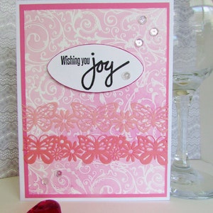 Handgemaakte, gestempelde bruiloft Card, bruids douche Card, gefeliciteerd kaart, verjaardag kaart, roze vlinders, roze Ombre