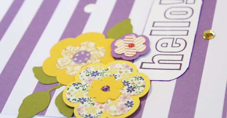 Handmade Die Cut Yellow and Purple Flowers Stamped Encouragement Card Hello Card Friendship Card Designer Papers Purple Stripes