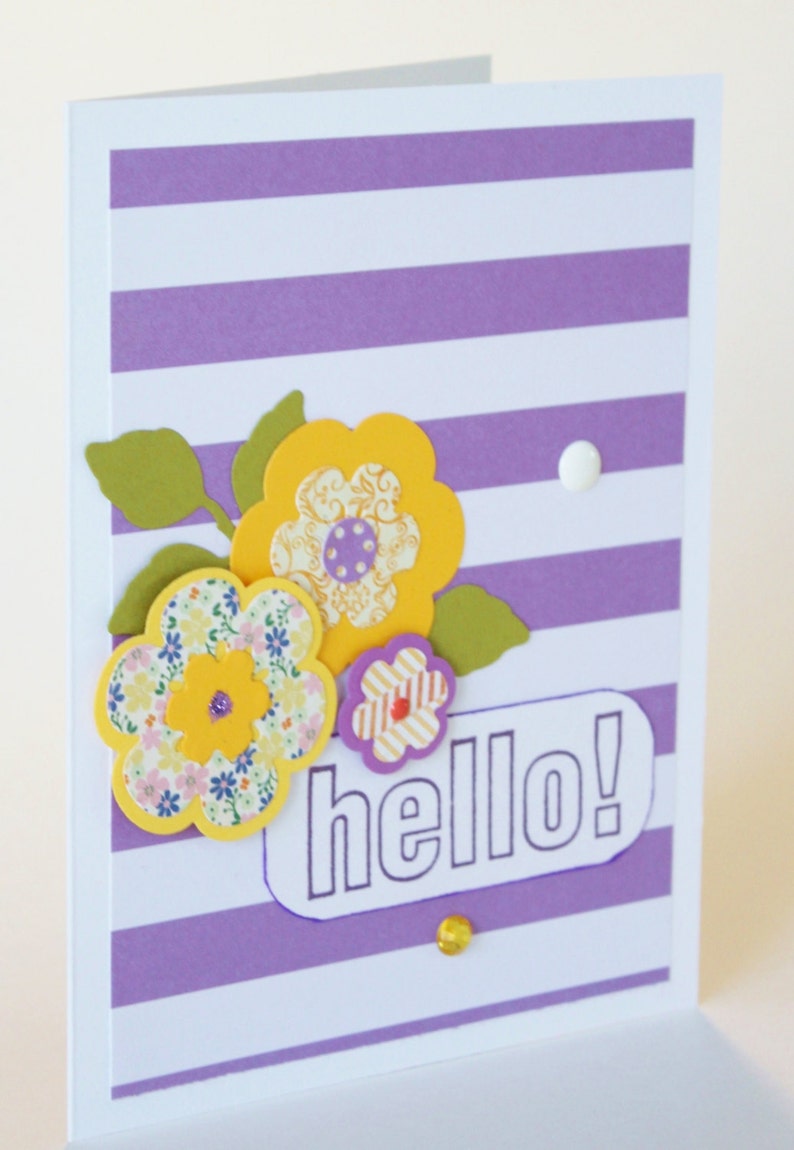 Handmade Die Cut Yellow and Purple Flowers Stamped Encouragement Card Hello Card Friendship Card Designer Papers Purple Stripes