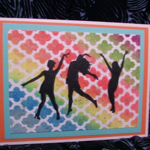 Handgefertigt, gestempelt, alle Gelegenheit Karte, tanzen Silhouetten, bunte stenciled Hintergrund, Freundschaftskarte