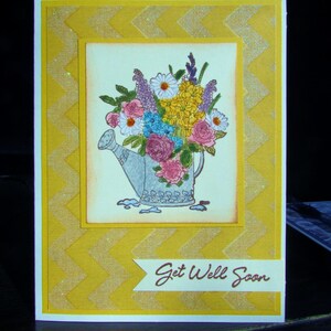 Goed kaart krijgen, handgemaakte, gestempeld, Floral Get Well Soon Card, Glitter papier, geel, Chevron patroon, gemaakt voor u, Multicolor