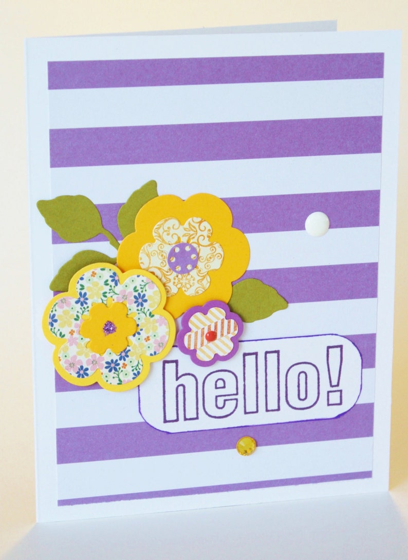Handmade Die Cut Yellow and Purple Flowers Stamped Encouragement Card Hello Card Friendship Card Designer Papers Purple Stripes