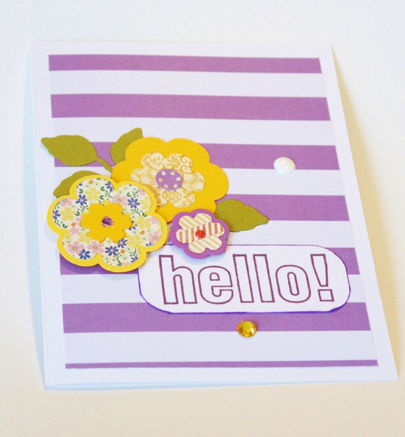 Handmade Die Cut Yellow and Purple Flowers Stamped Encouragement Card Hello Card Friendship Card Designer Papers Purple Stripes