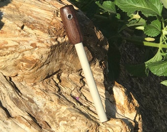 Handmade Ceramic Rod Round Walnut Handle Knife Tool Field Sharpener W/ Lanyard Hole