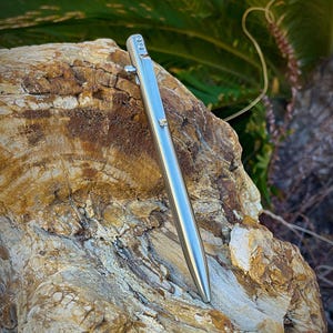 Peut inclure: Un stylo en métal argenté avec un clip, posé sur une roche texturée brun clair. Le stylo a un design élégant et cylindrique avec une pointe. L'arrière-plan présente des feuilles de palmier vertes.