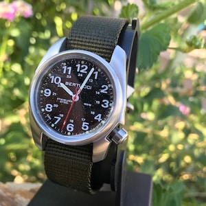 Bertucci A-1S Field Stainless Steel watch Black Face OD Green Nylon Band 10112