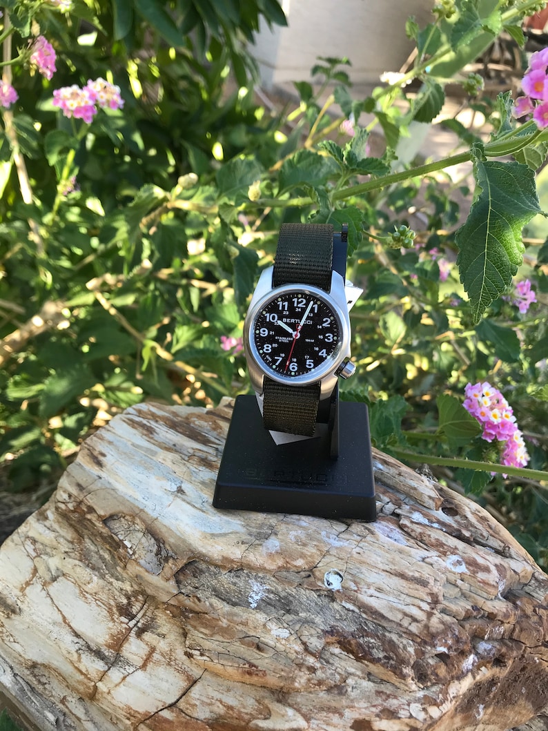 Pu&ograve; includere: Un orologio da polso argentato con quadrante nero e cinturino in nylon verde. L'orologio ha indici bianchi per i numeri e una lancetta dei secondi rossa. L'orologio &egrave; su un supporto nero.