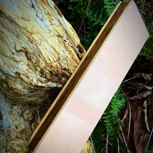 May include: A light pink leather strop with a dark brown wooden handle. The strop is resting on a piece of weathered wood.