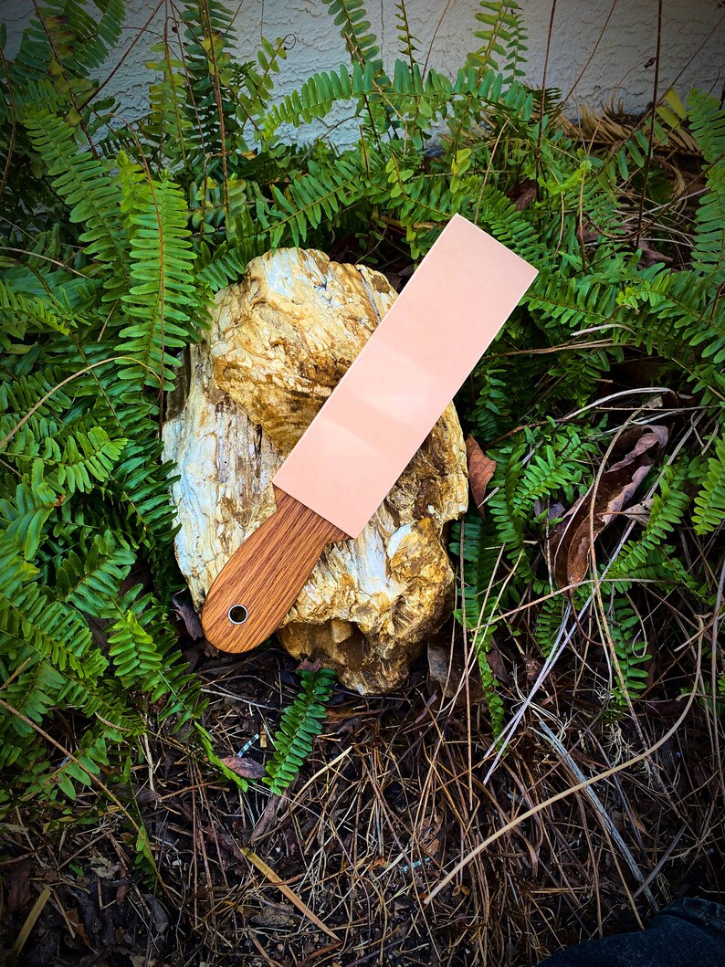 May include: A pink leather strop with a wooden handle. The strop is lying on a rock with green ferns surrounding it.