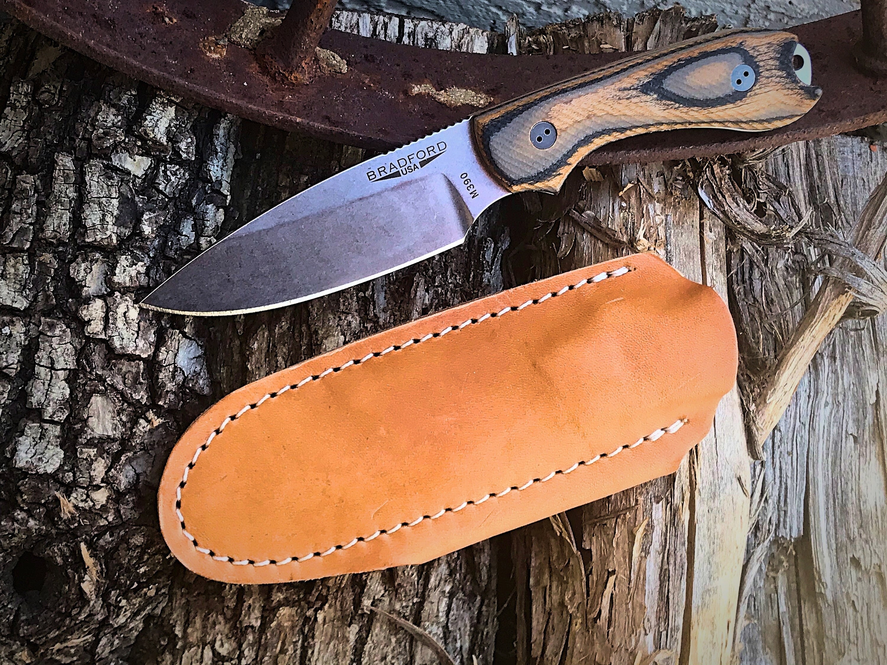 Bradford Guardian 3 Sabre Grind M390 Blade, Stonewash, Gwood, Leather Sheath
