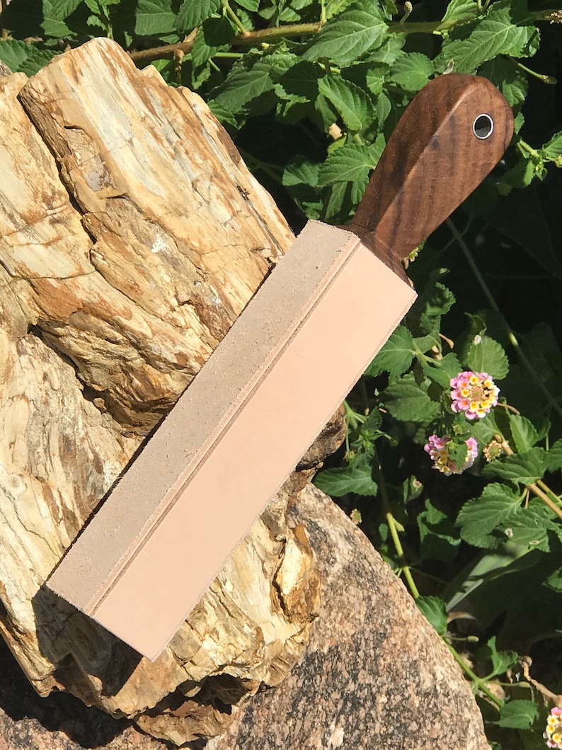 Peut inclure: Une strop en cuir brun clair avec une poign&eacute;e en bois brun fonc&eacute;. La strop est pos&eacute;e sur un morceau de bois p&eacute;trifi&eacute;.