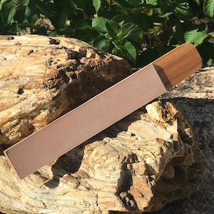 Puede incluir: Un cuero de afilar con mango de madera. El cuero es de color marrón claro y el mango es de un tono de madera más claro. El cuero está diseñado para afilar navajas y cuchillos. El fondo es un entorno natural con rocas y follaje.
