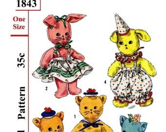 E761 PDF Vintage #1843 Pattern for a Bunny, a Puppy, and a Cat.