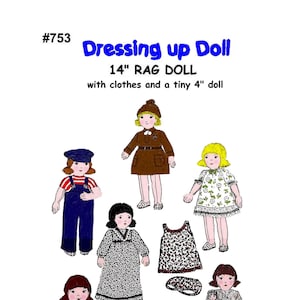 E753 PDF of Dressing Up Doll Vintage 14" Cloth Doll Pattern with Wardrobe