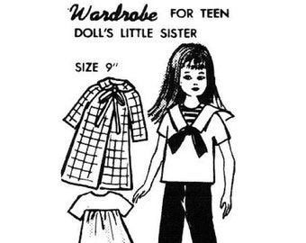 E627 PDF Digital Download Little Sister Wardrobe Pattern for 9 inch Dolls