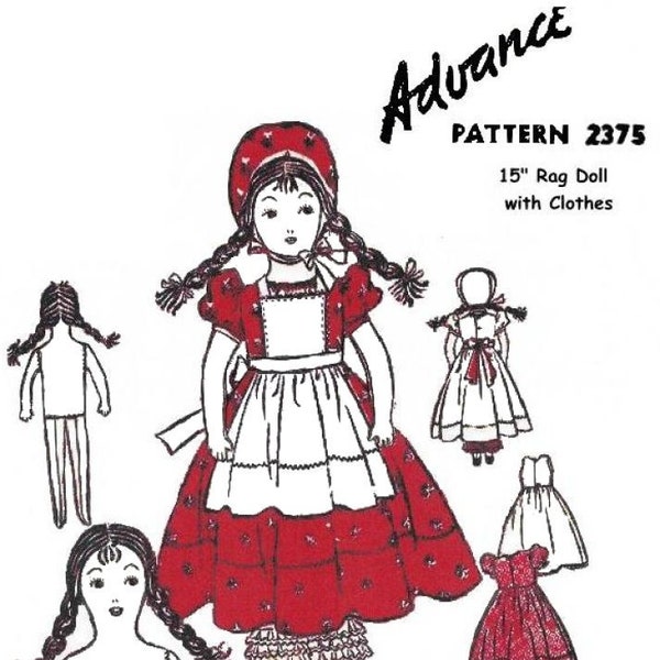 E801 PDF Instant Download of Vintage 1940’s Pattern 2375 15” Cloth Doll with Clothes