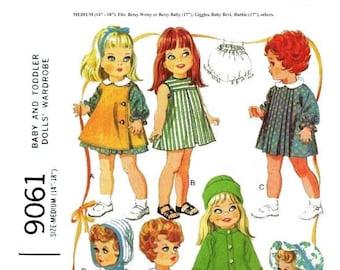 E690 Digital PDF of Vintage  #9061 Doll Clothes Pattern to Fit Medium Dolls 14" to 18".