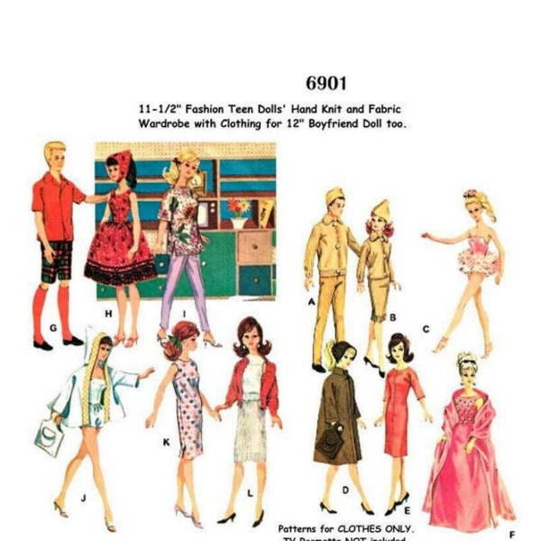 E757 PDF Digital Download Pattern #6901 for 11-1/2" Teen Fashion Dolls