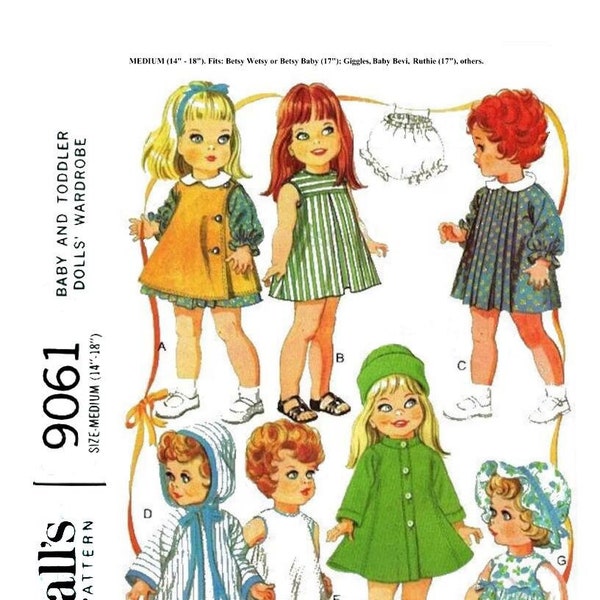 E690 PDF Copy of Vintage McCall's 9061 Doll Clothes Pattern to Fit Medium Dolls 14" to 18".