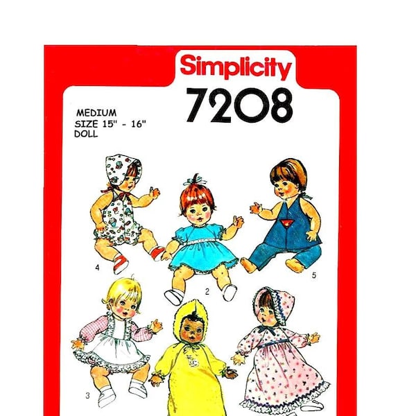 E795 PDF Instant Download Copy of Vintage Simplicity 7208 Doll Clothes Pattern for Medium Sized Dolls 15” to 16” Tall