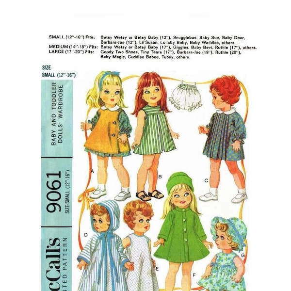 E675 PDF of Vintage #9061 Doll Clothes Pattern to Fit 12" to 16" Dolls Such as Snugglebun, Baby Sue, Betsy Baby.