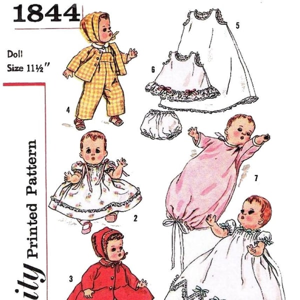 E806 PDF copy of Simplicity #1844 Doll Clothes Pattern is for 11-1/2” Baby Dolls such as Betsy Wetsy and Tiny Tears that have a 7-1/4” waist