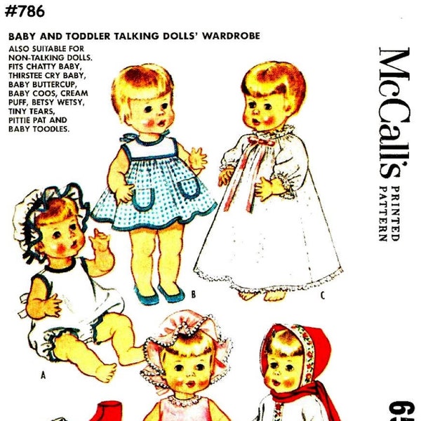 E786 PDF download of #6513 Doll Clothes Pattern for 19” to 21” Baby Dolls