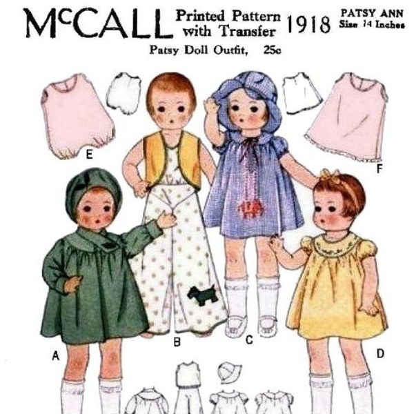 E772 Digital PDF of 1930’s  #1918 Pattern for Doll Clothes to fit 14” Patsy Doll