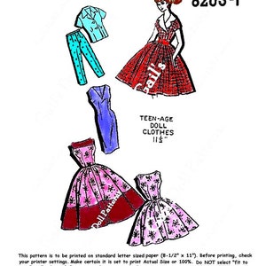 E845 Digital PDF of Vintage Mail Order pattern 8203-T for 11-1/2” Teenage Doll Clothes