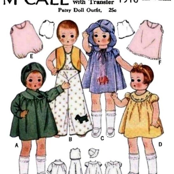 E776 PDF Instant Download copy of 1930’s  #1918 Doll Clothes Pattern for 19” Patsy Doll