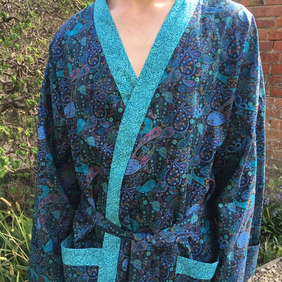 Turquoise Blue Paisley Pattern Mens Luxury Lightweight Cotton Dressing Gown Turquoise Blue Paisley Pattern Mens Luxury Lightweight Cotton Dressing Gown