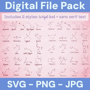 Lot de 21 fichiers numériques Constellation - signes du zodiaque/astrologie, Grande Ourse, Orion et plus - SVG, PNG et JPG pour Cricut ou Silhouette