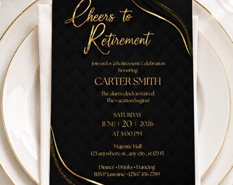Retirement Party Invitation Editable in Canva, Black Gold Retirement Invite Printable, Cheers to Retirement Party Template, Instant Download